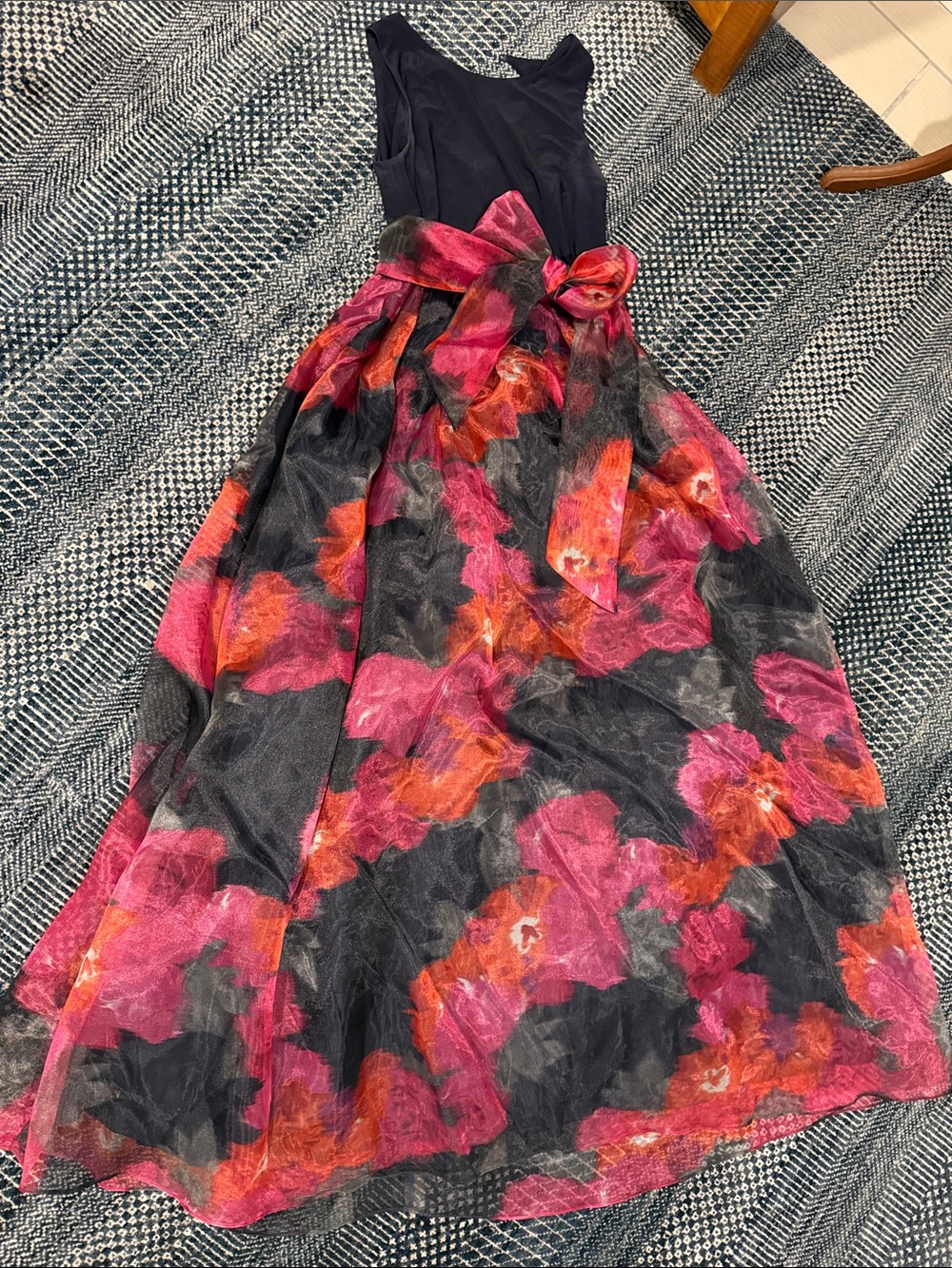 Women’s Navy Bodice Pink & Orange Floral Tulle Formal Dress